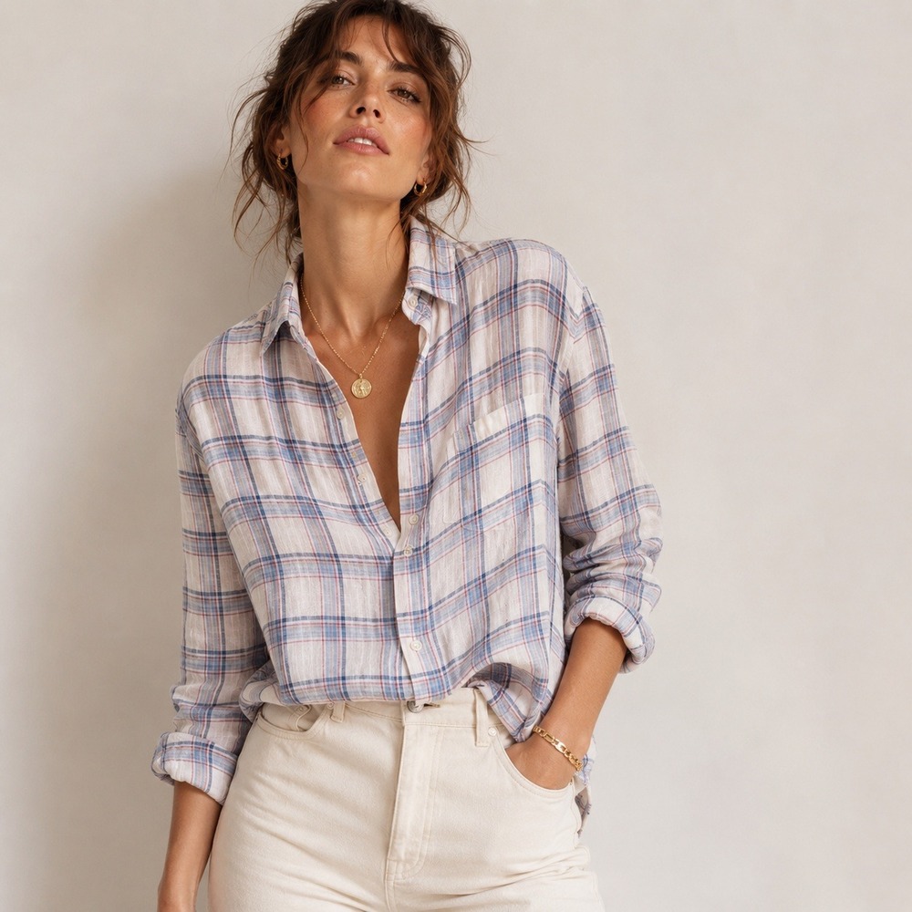 Frank & Eileen Linen Plaid Button Down Shirt Relaxed Fit Sz M